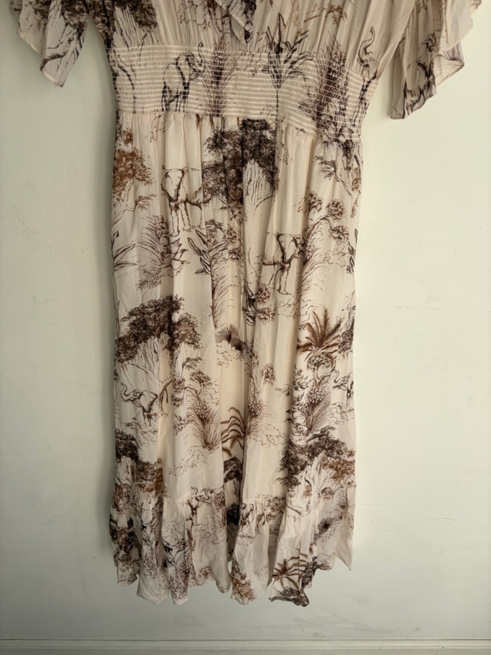 NWT! SANDRO Natural Marro Ruffled Elephant Tree Print Gauze Midi Dress Size S - Picture 6 of 7